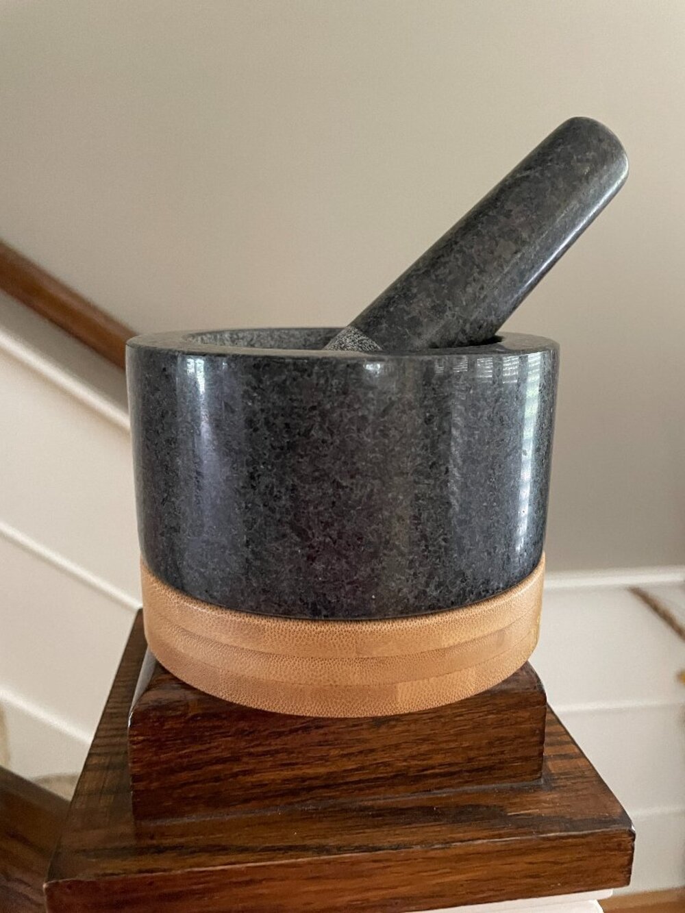 Granite Stone Mortar & Pestle & Bamboo Wooden Base 1.5 Cup